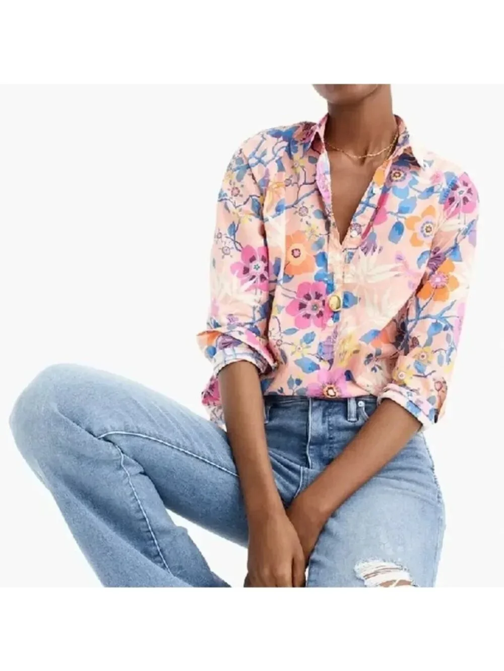 J Crew Liberty London Top Womens 4 Pavilion Pink Floral Popover Classic Cotton